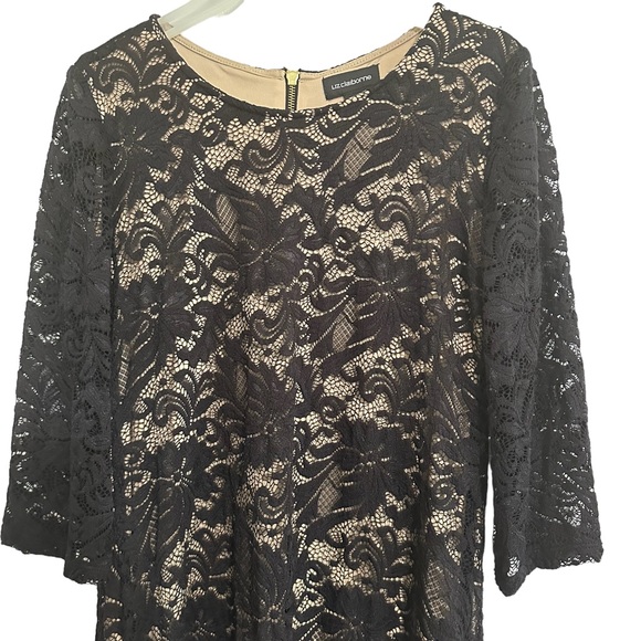 LIZ CLAIBORNE Women's Black Lace Overlay Shift Dress 3/4 Length Sleeves Size 6 - Picture 3 of 14